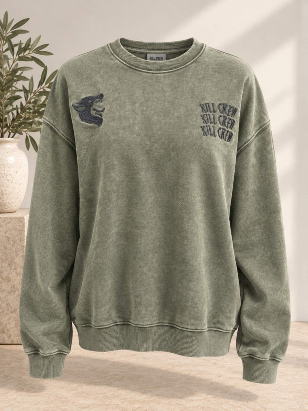 Kill Crew Olive Green Washed Crewneck Sweatshirt S